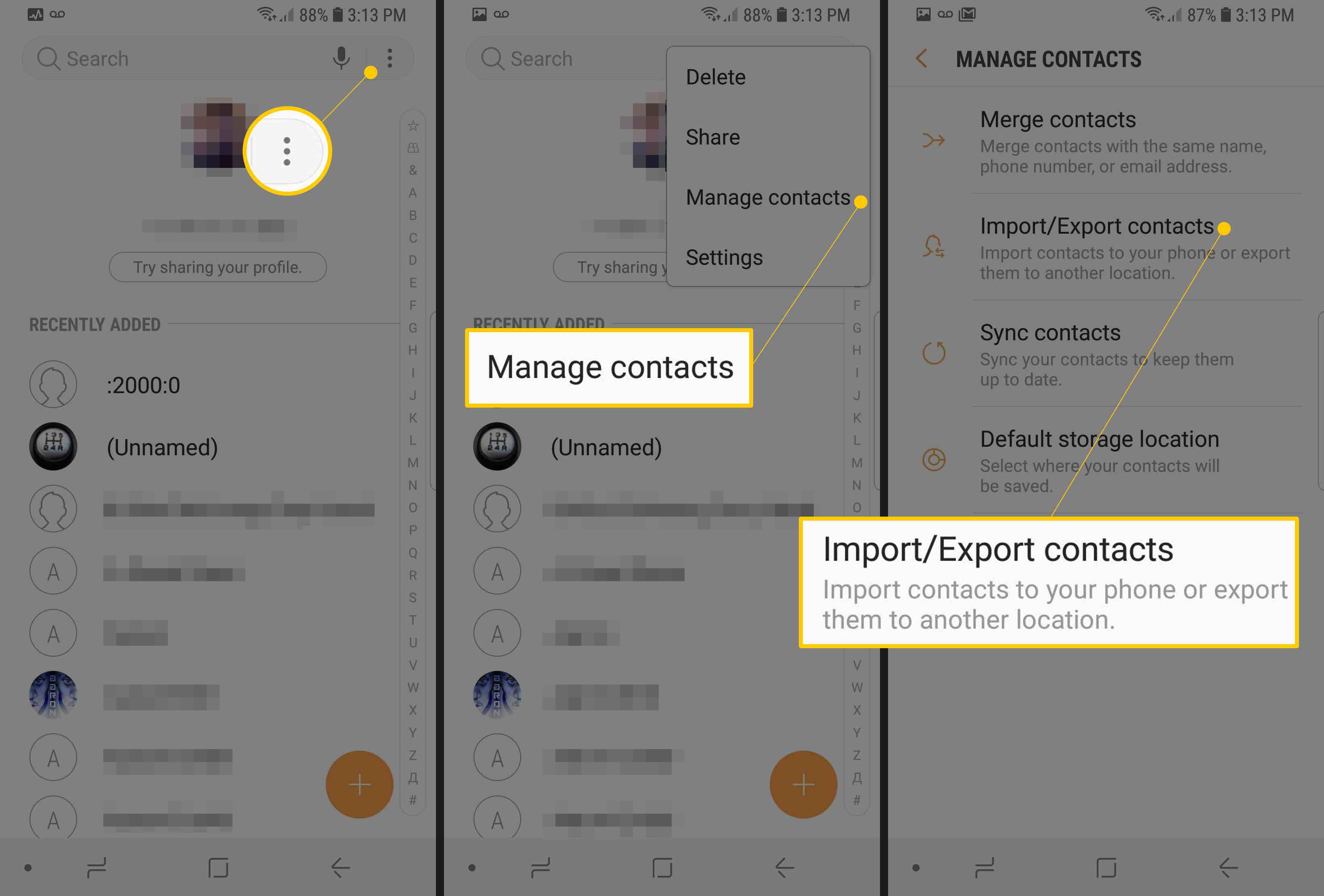 Tři obrazovky aplikace Kontakty Android zobrazující tlačítko nabídky, Správa kontaktů a Import / Export kontaktů