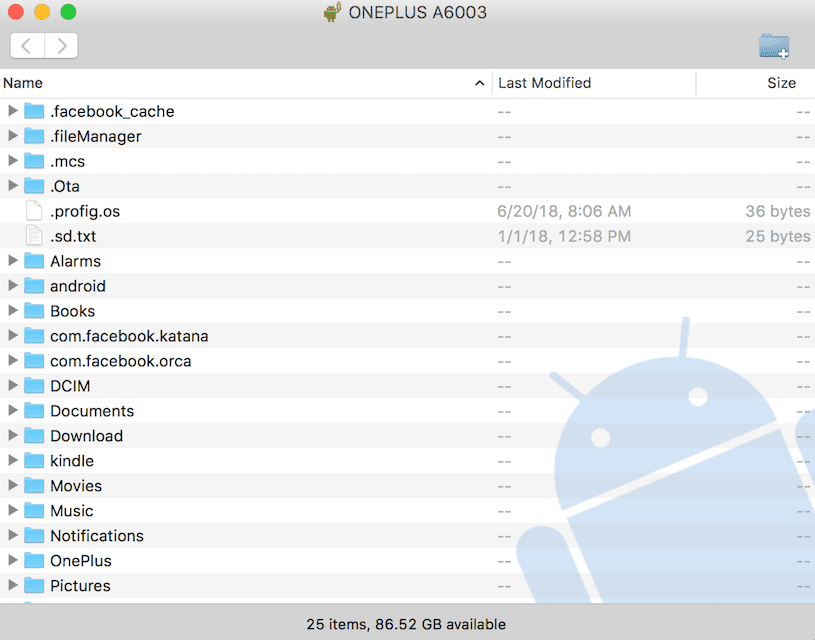 Android File Transfer na snímku obrazovky Macbooku