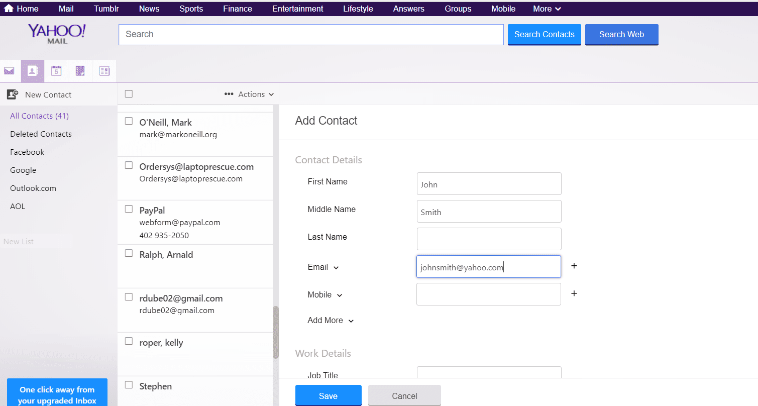 Screenshot obrazovky Přidat kontakt ve službě Yahoo Mail