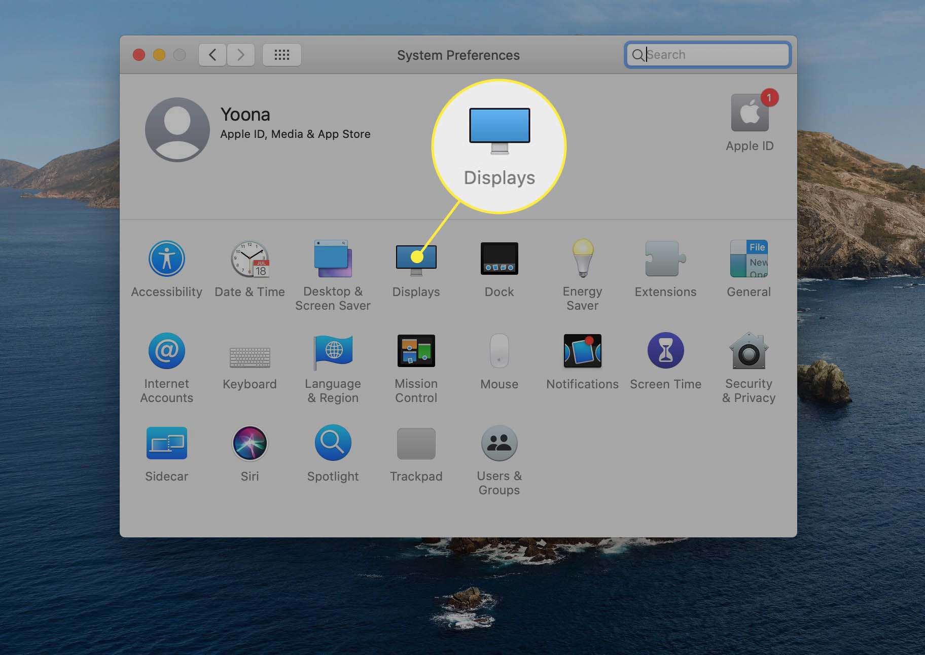 Předvolby systému macOS se zvýrazněnou ikonou Displeje.