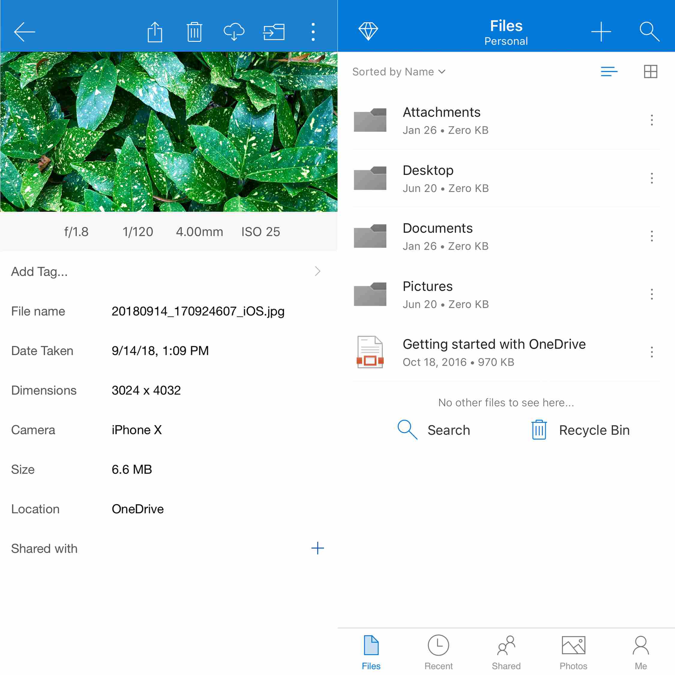 Screenshoty mobilní aplikace OneDrive pro iOS.