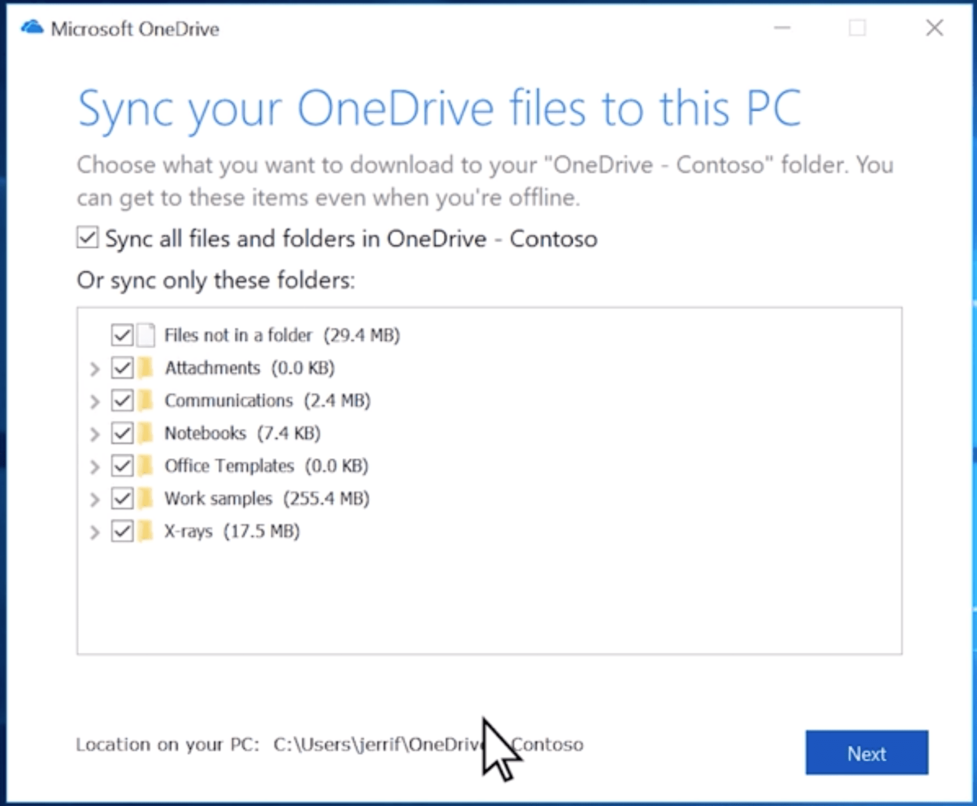 Screenshoty výběru složek pro nastavení OneDrive v systému Windows.