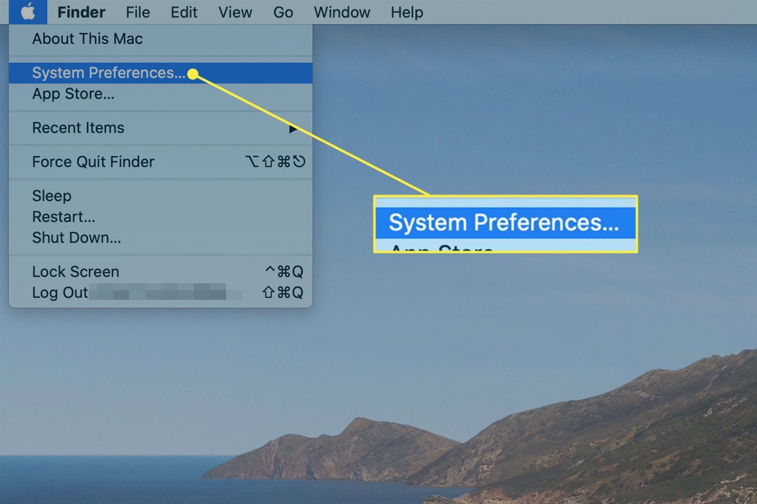 Snímek obrazovky Apple Menu na Macu se zvýrazněným příkazem System Preferences