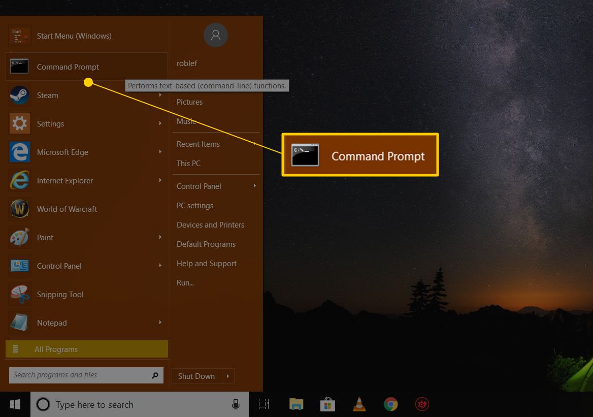 Příkazový řádek v nabídce Start systému Windows 10