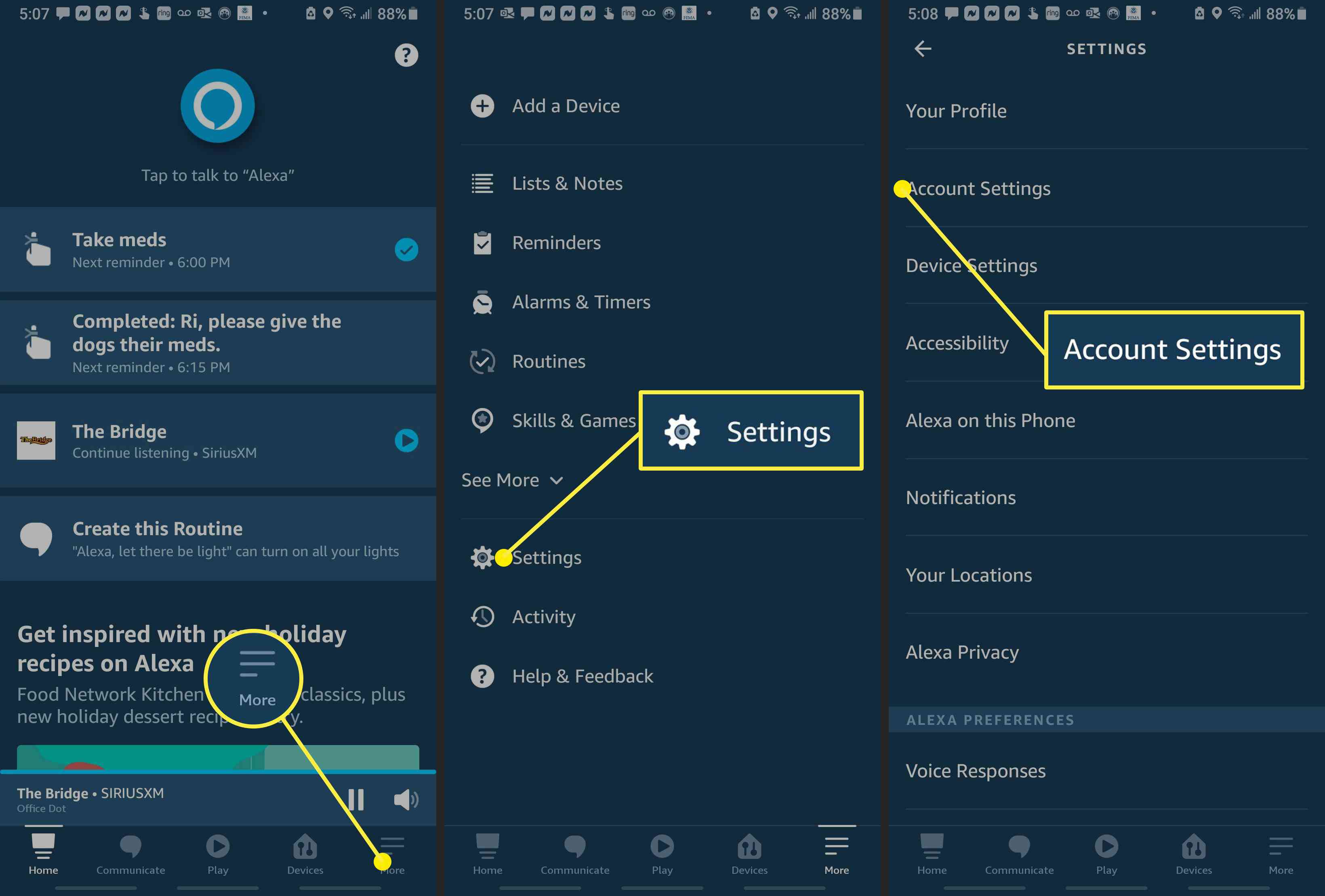 Screenshoty aplikace Alexa, které ukazují, jak získat přístup k nastavení účtu.