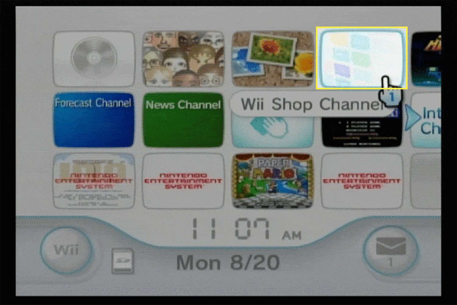 Kanál Wii Shop na palubní desce Wii