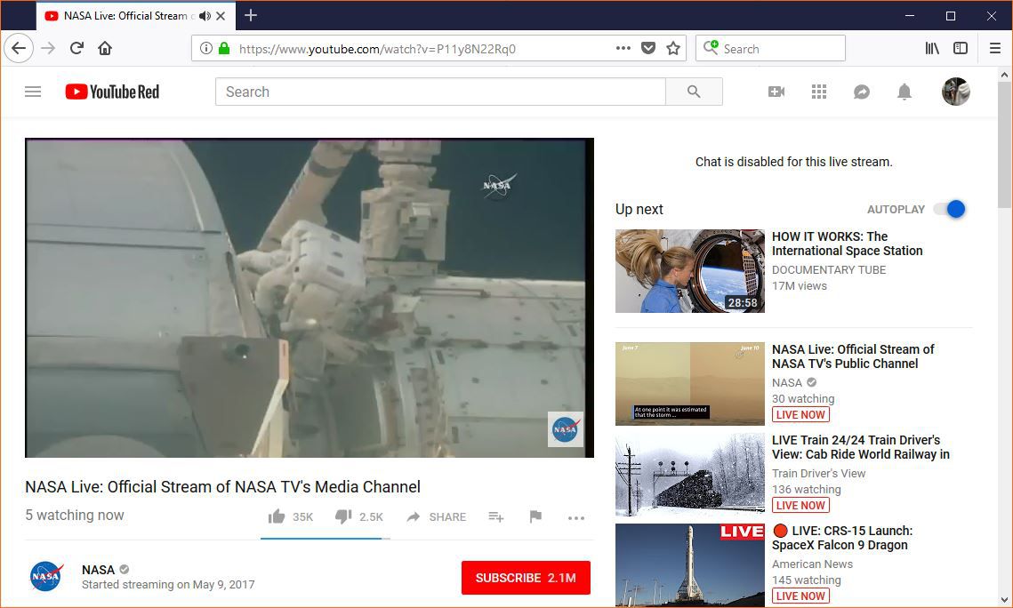 živý přenos NASA na YouTube
