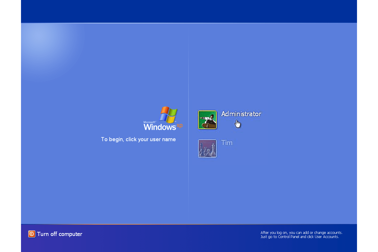 Snímek obrazovky s přihlašovací obrazovkou systému Windows XP