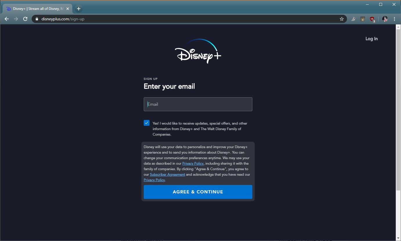 Snímek obrazovky procesu registrace Disney +.