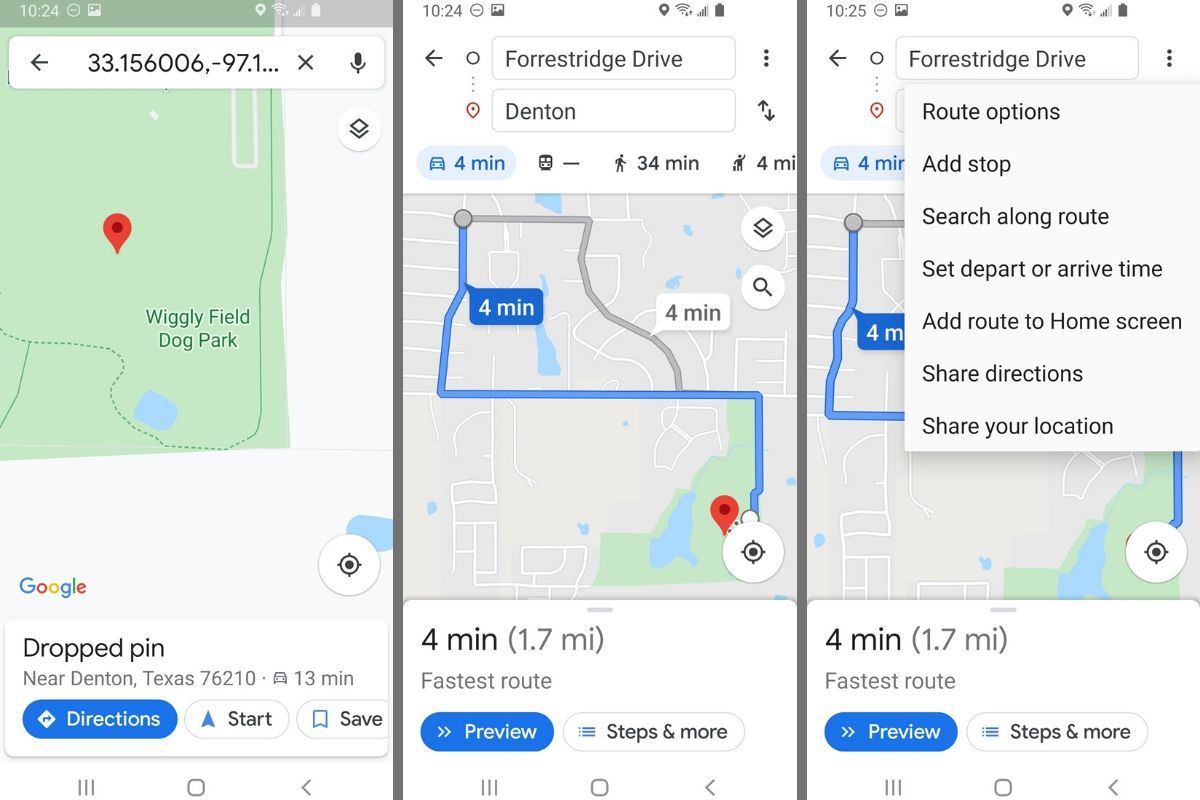 Možnost vypuštěného špendlíku, pokynů a sdílení pokynů v Mapách Google v telefonu Android