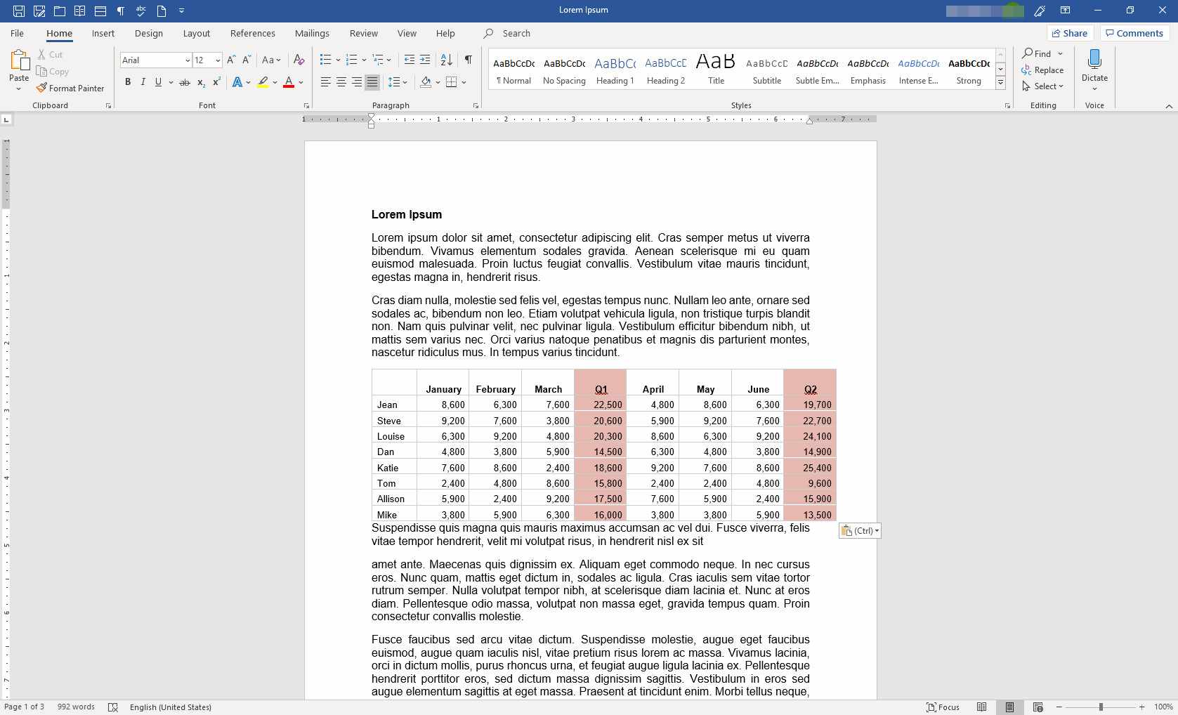 Dokument MS Word s vloženými daty aplikace Excel