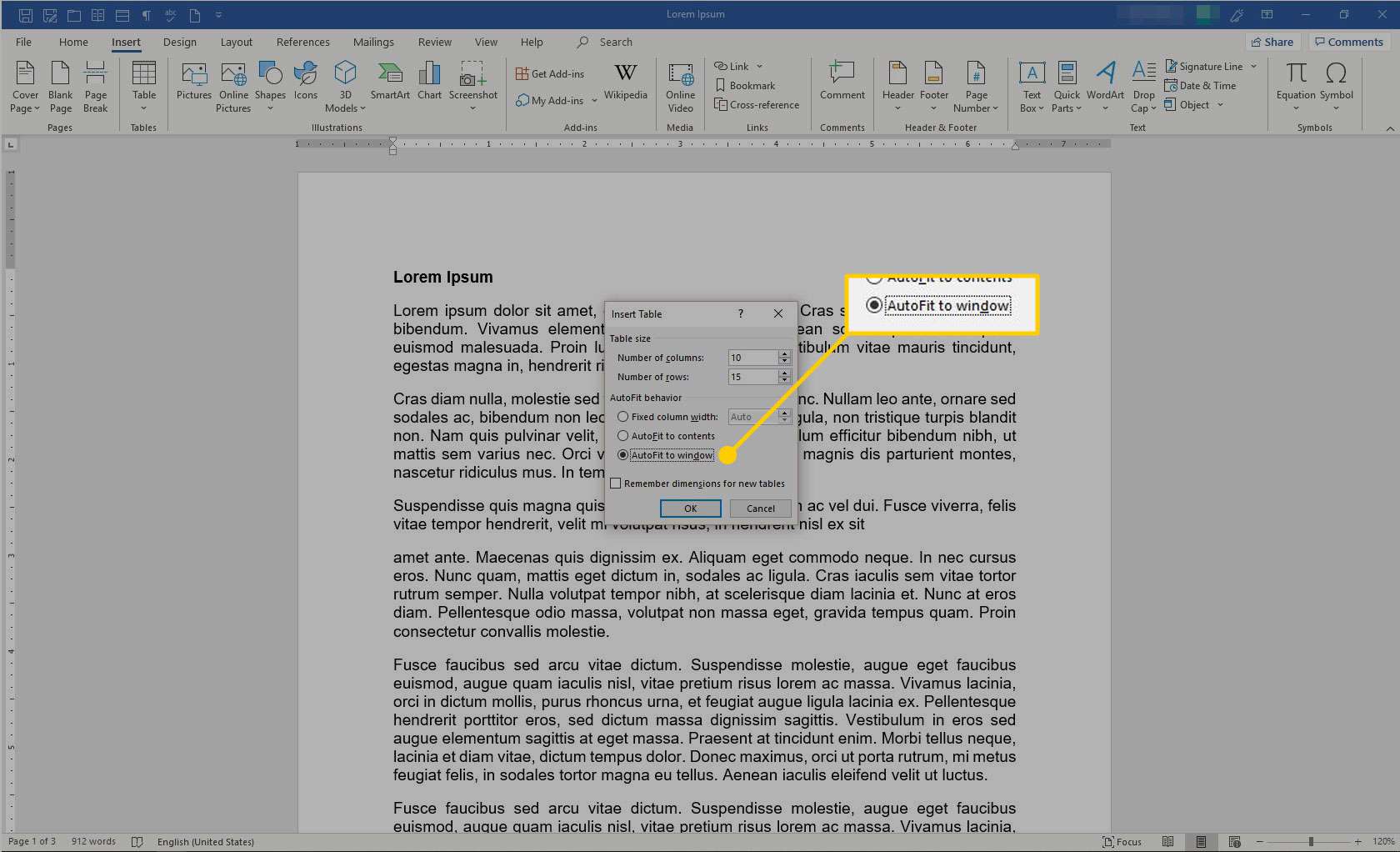 Vložte pole tabulky do aplikace Microsoft Word se zvýrazněnou možností Automaticky přizpůsobit oknu