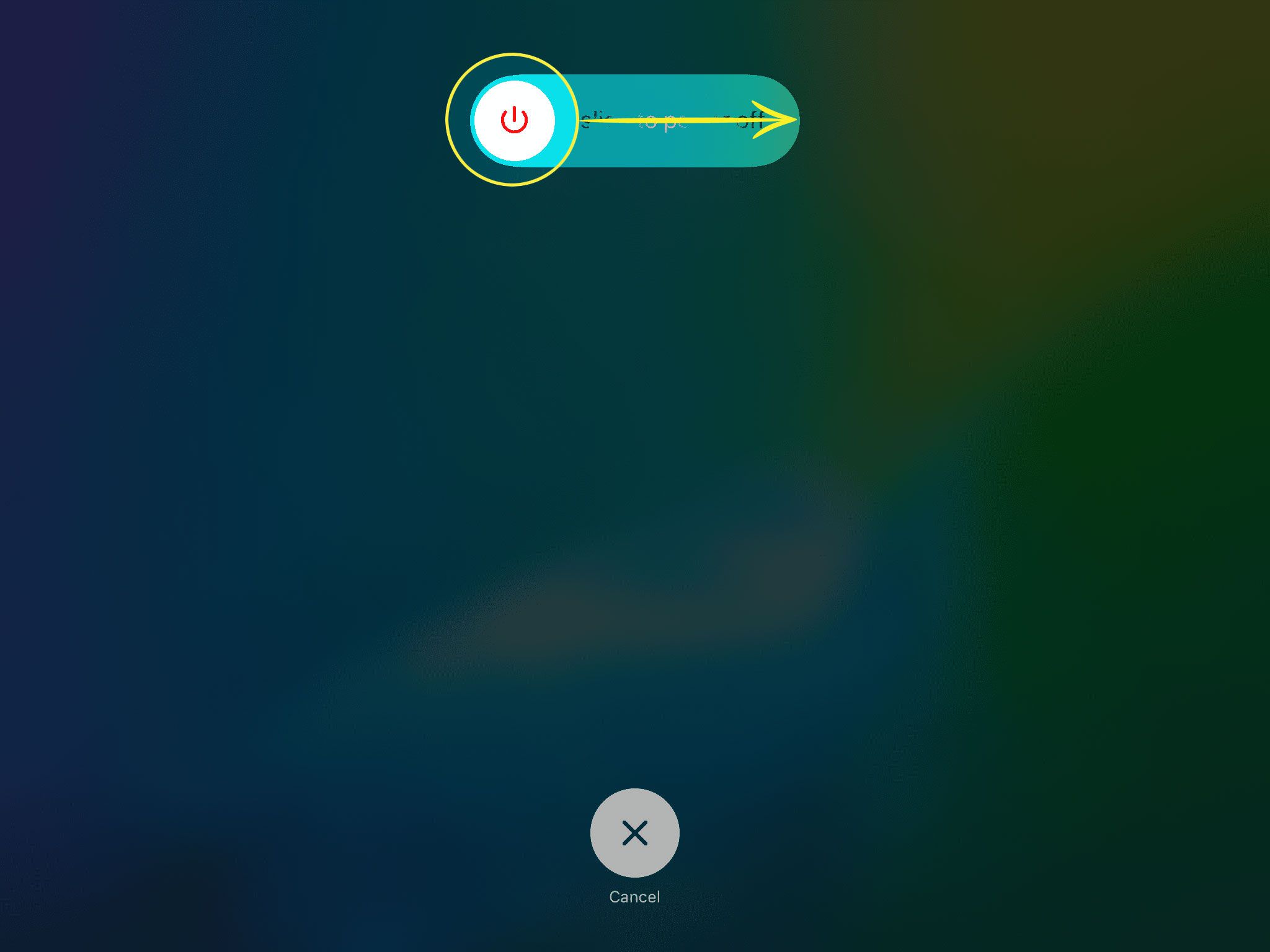 Snímek obrazovky vypnutí iPadu se šipkou označující posunutím vypínače k ​​vypnutí tabletu