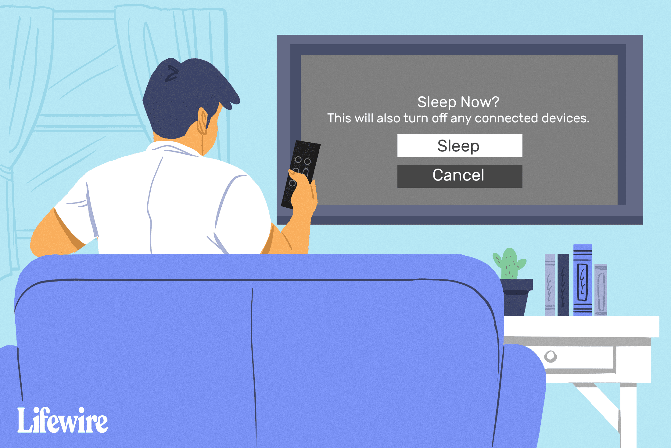 Ilustrace osoby, která uvádí Apple TV do režimu spánku