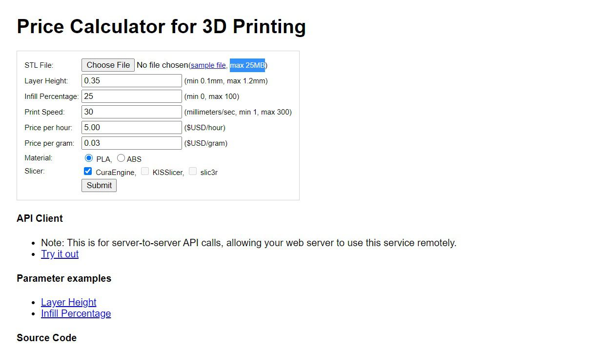 3DPartPrice vám umožní nastavit další parametry, než dostanete nabídku.