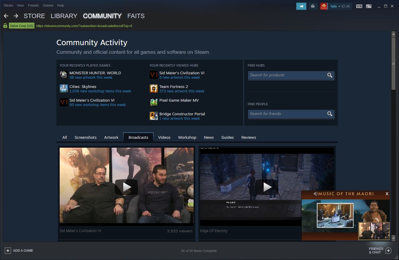 Snímek obrazovky stránky Steam Broadcast v klientovi Steam.
