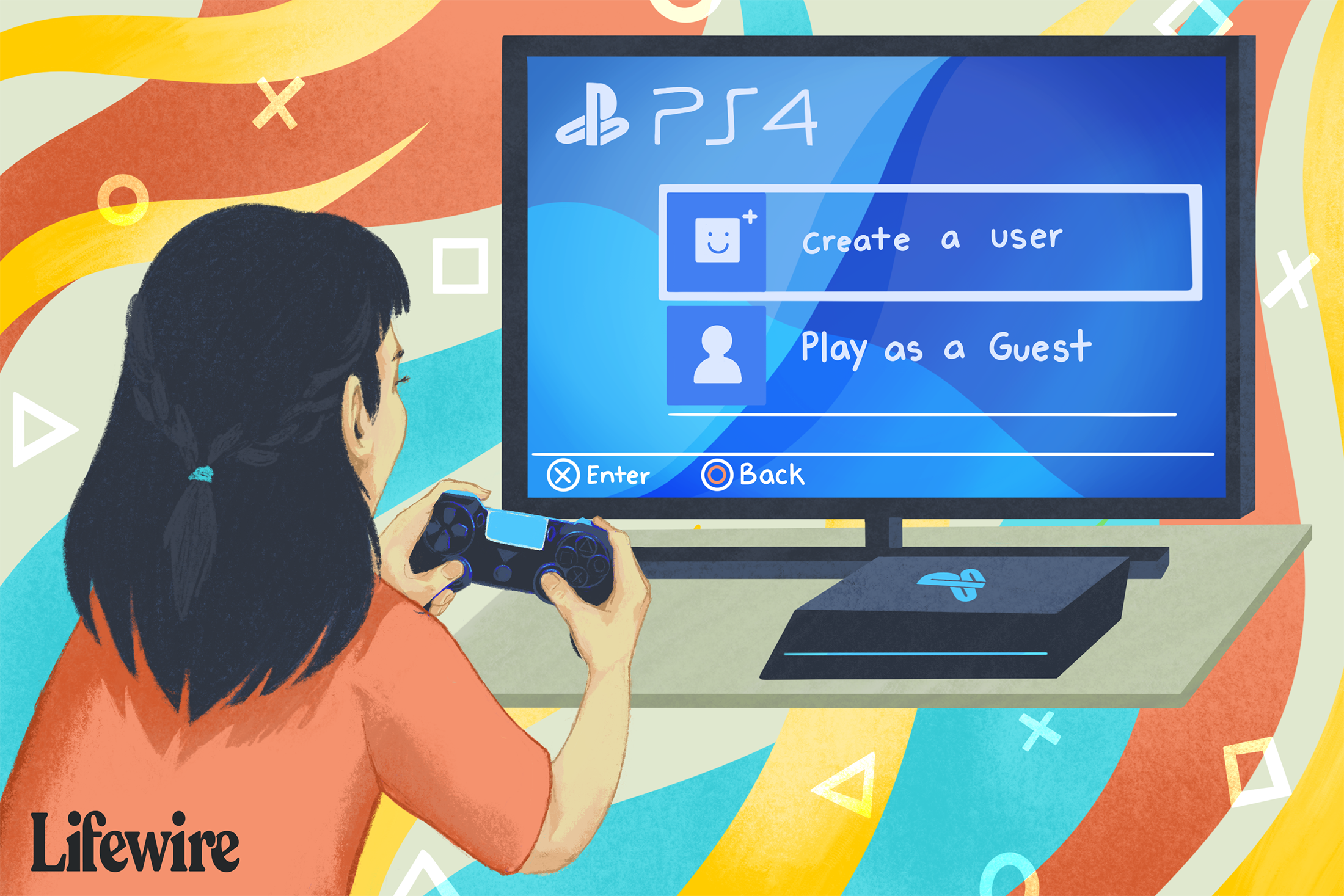 Ilustrace hráče, který si vytváří nový uživatelský účet PS4