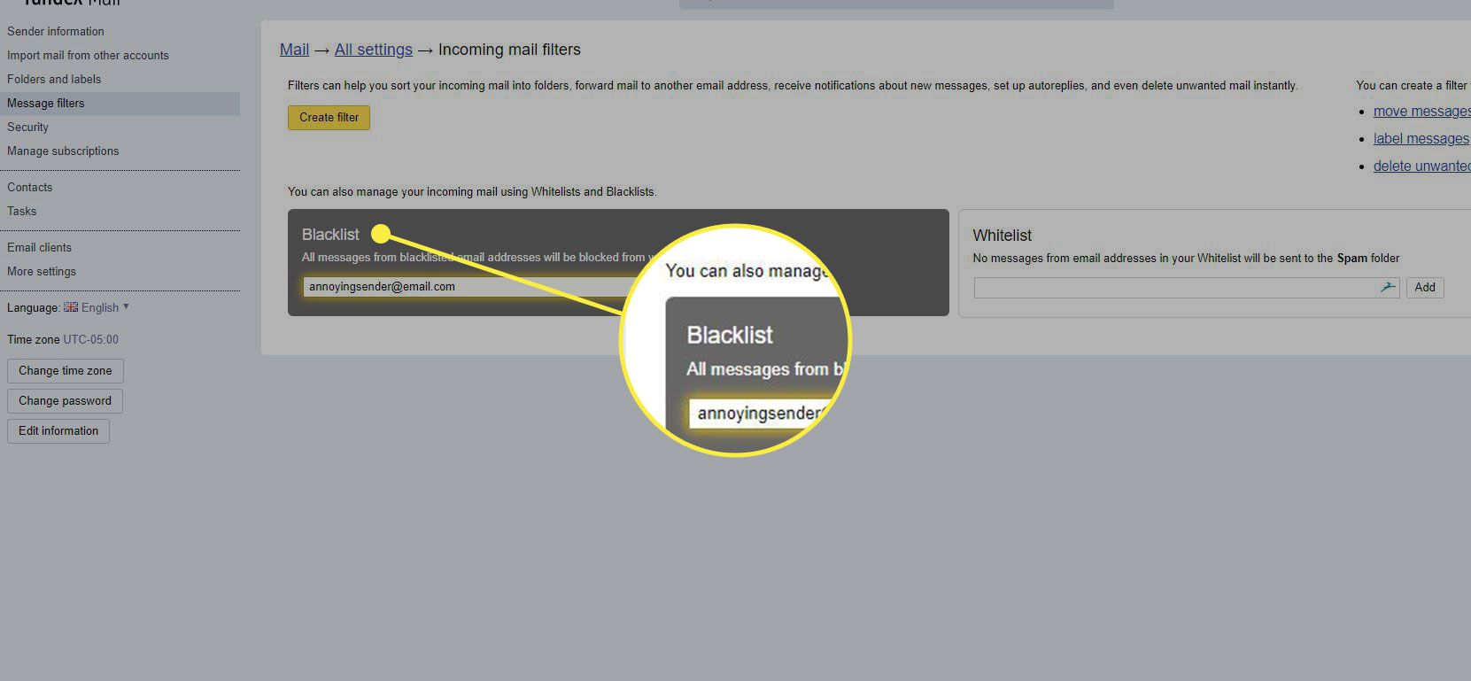 Pole Blacklist v Yandex Mail