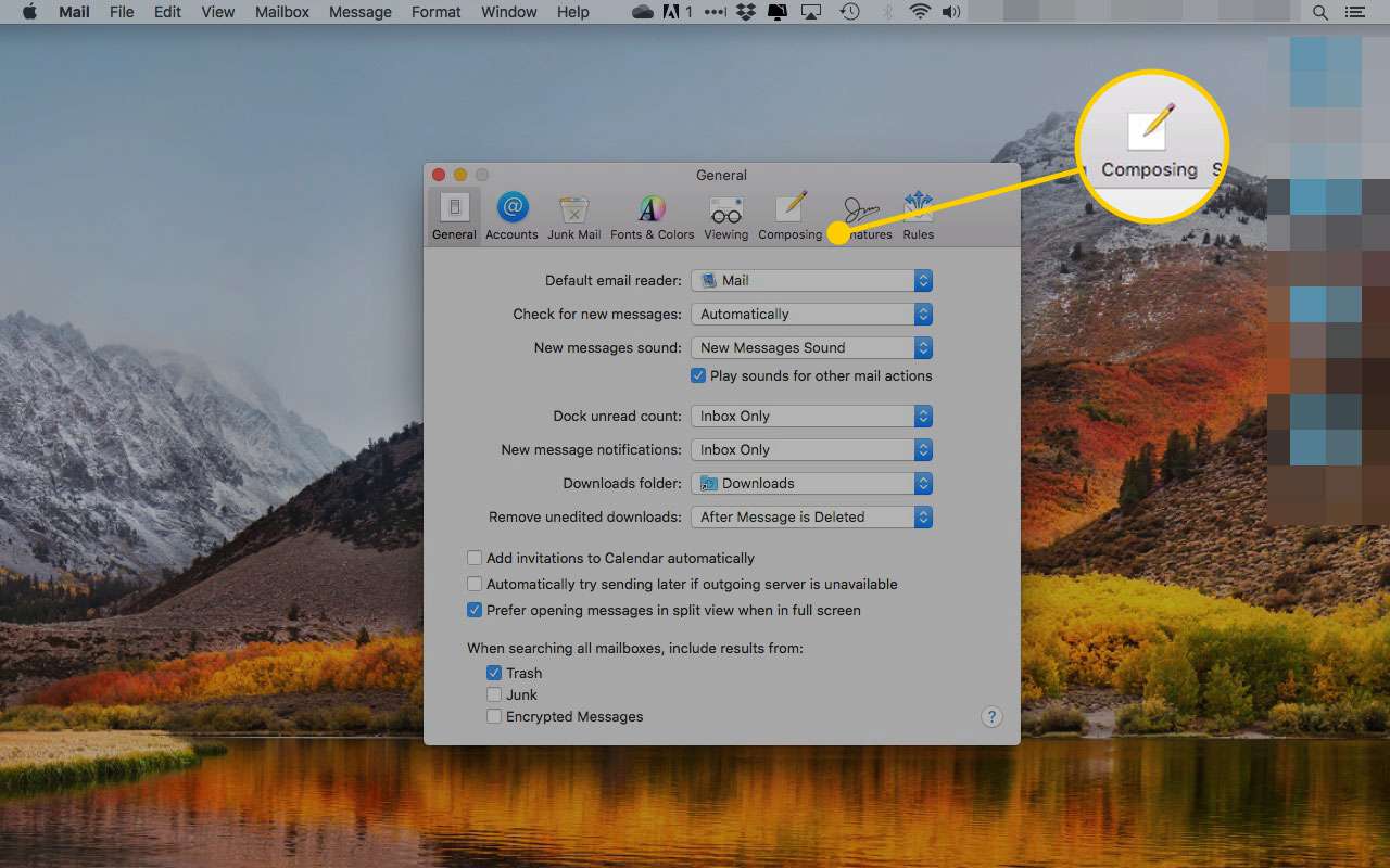 Předvolby v systému MacOS Mail se zvýrazněnou kartou Vytváření