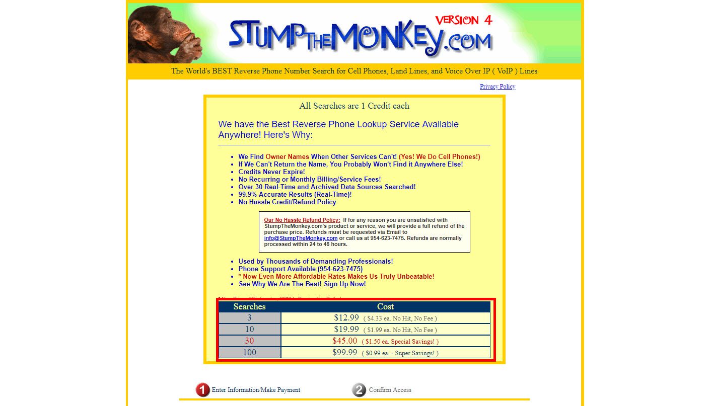 Screenshot z webu StumptheMonkey.com, který ukazuje jejich poplatek za zpětné vyhledávání telefonů.