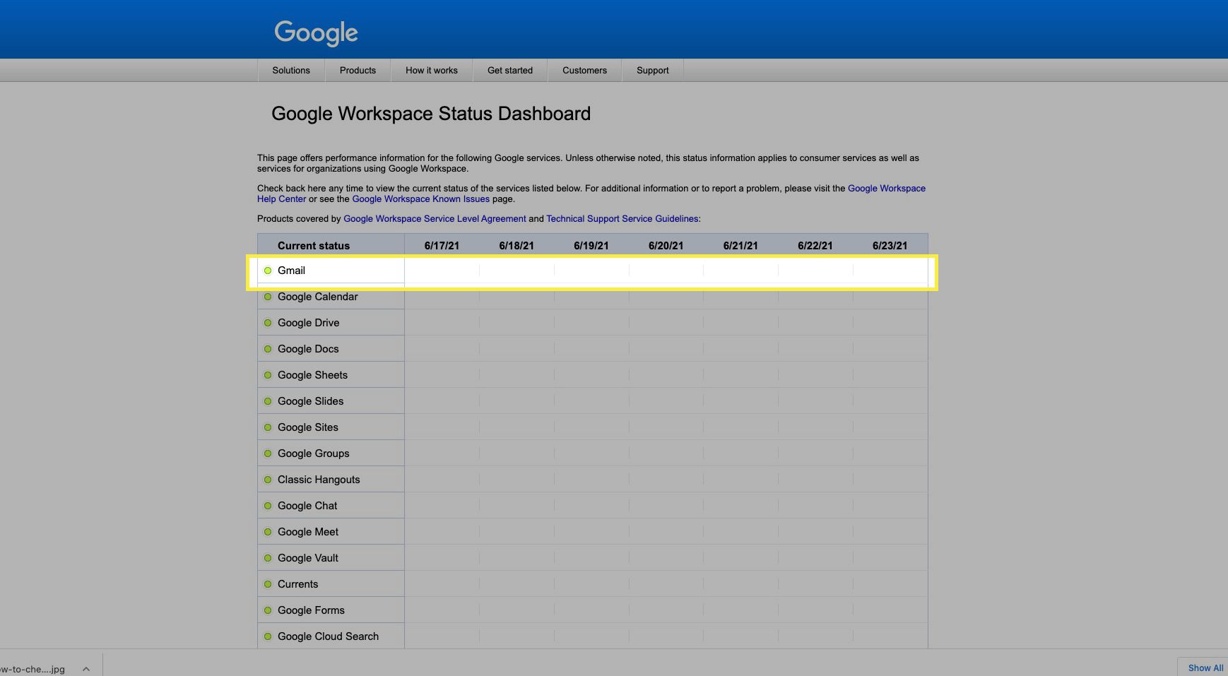 Stavový panel Google Workspace zobrazující Gmail se zelenou tečkou a bez problémů