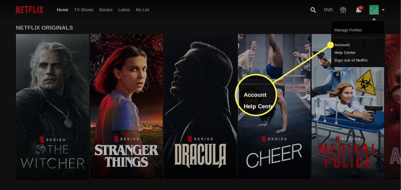 Snímek obrazovky domovské stránky Netflixu se zvýrazněnou možností Účet