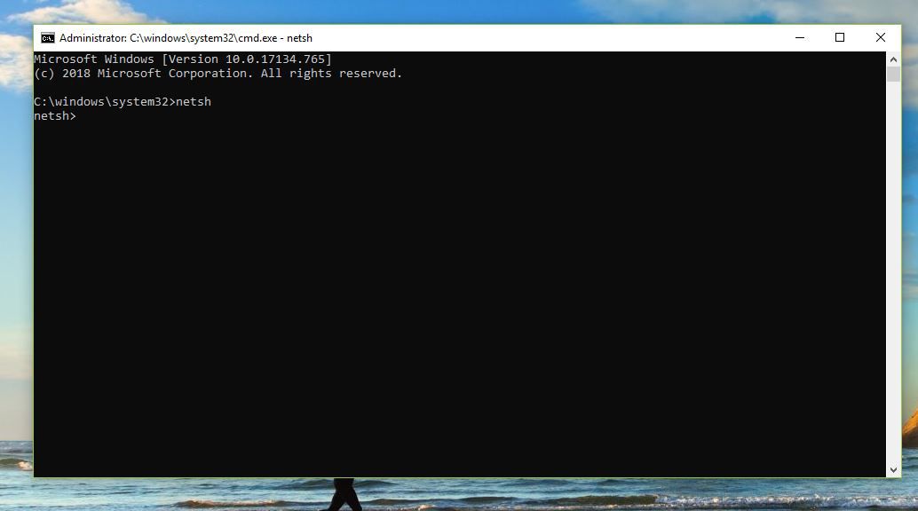 Screenshot obrazovky netsh ve zvýšeném okně příkazového řádku