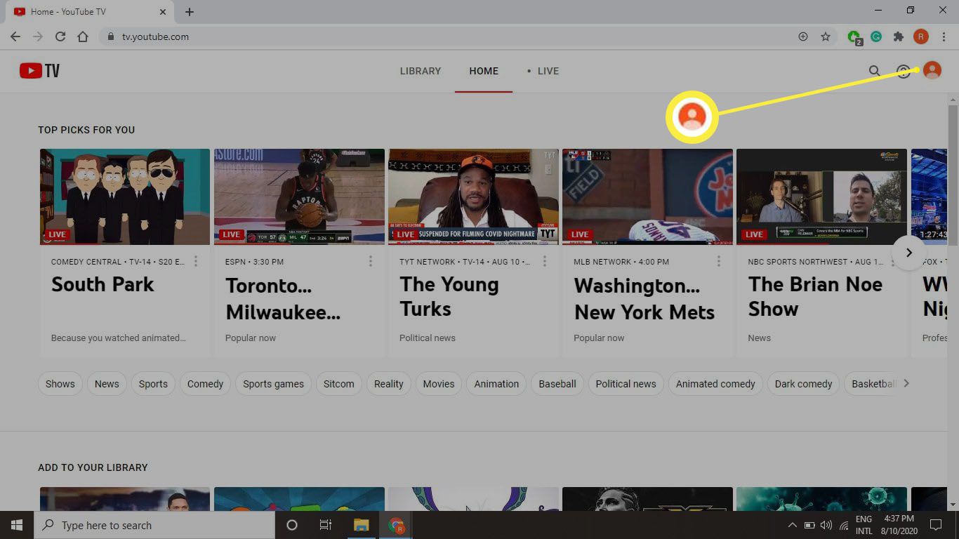 Snímek obrazovky tv.youtube.com a v pravém horním rohu vyberte ikonu svého profilu.