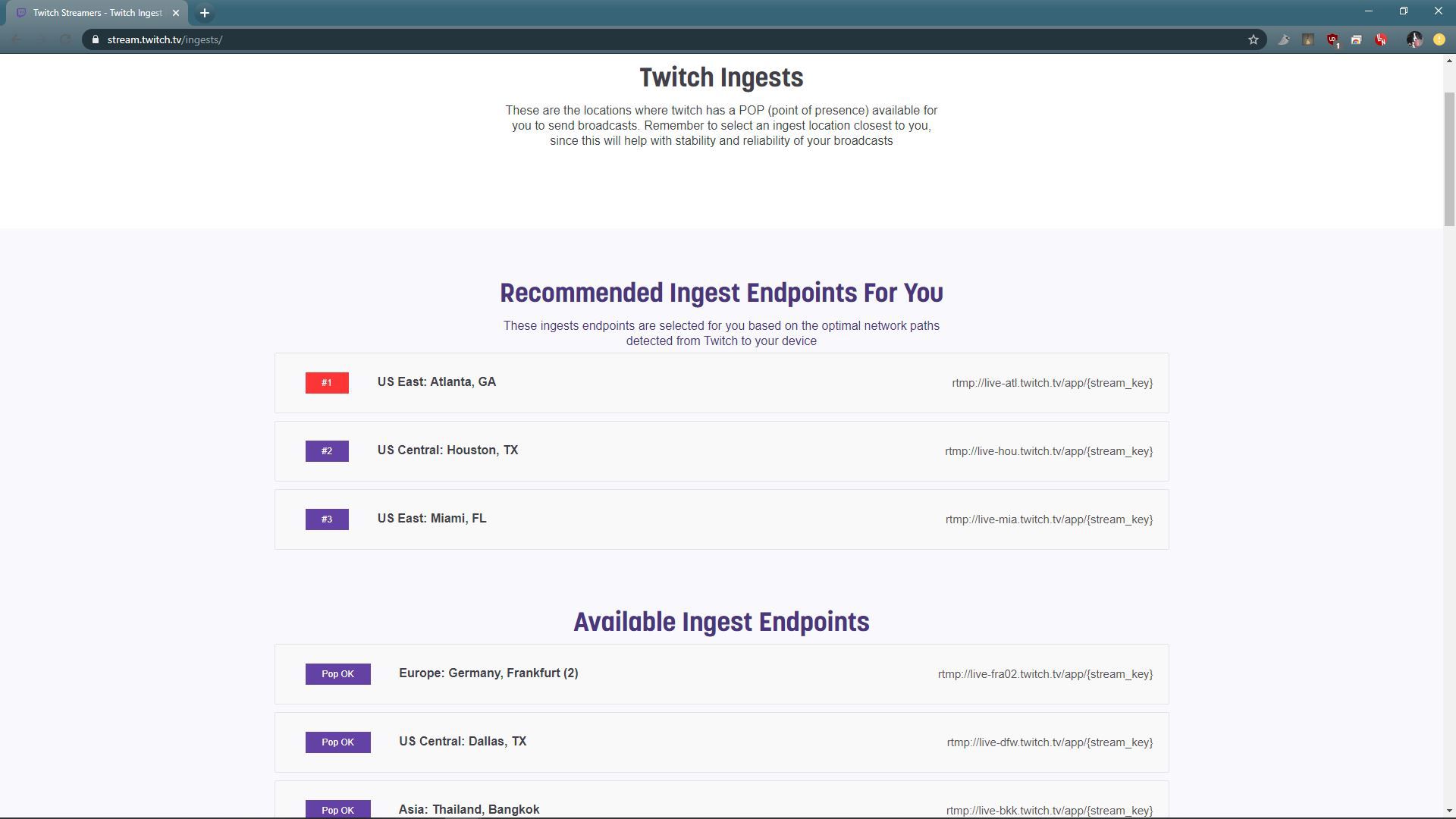 Snímek obrazovky s webem o stavu serveru Twitch ingest.