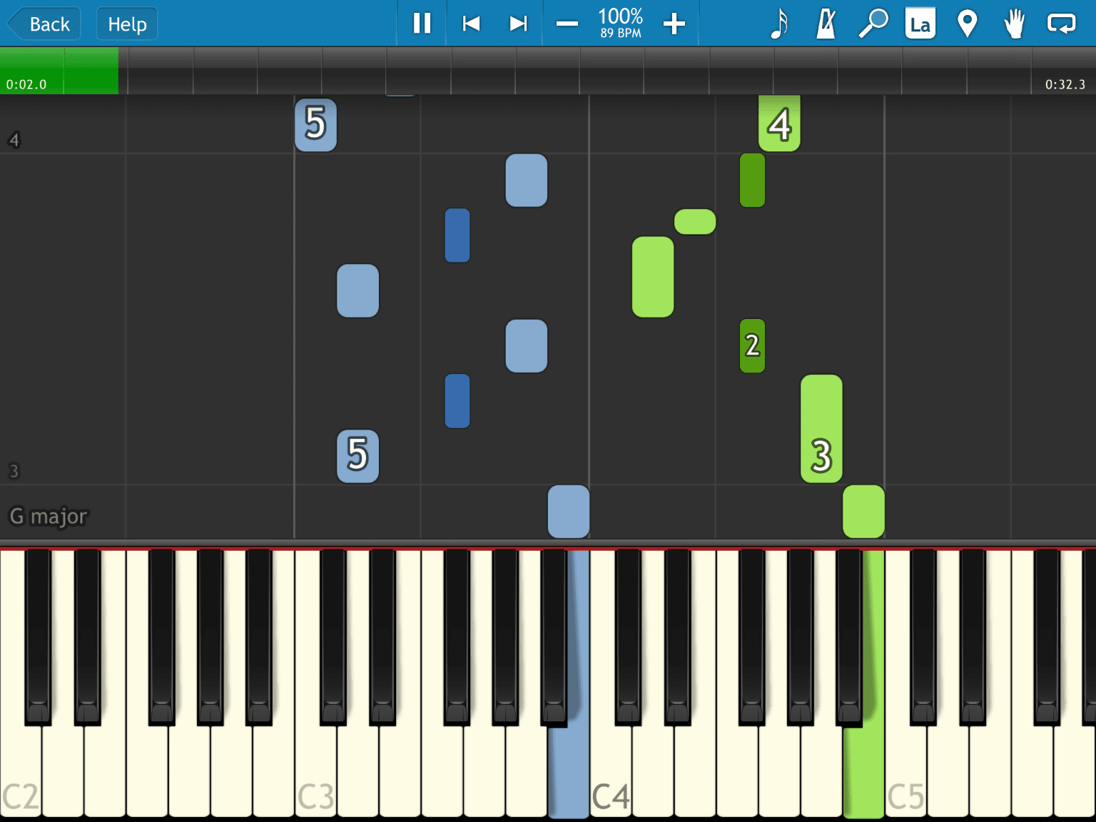 Aplikace Synthesia piano zobrazující klávesnici