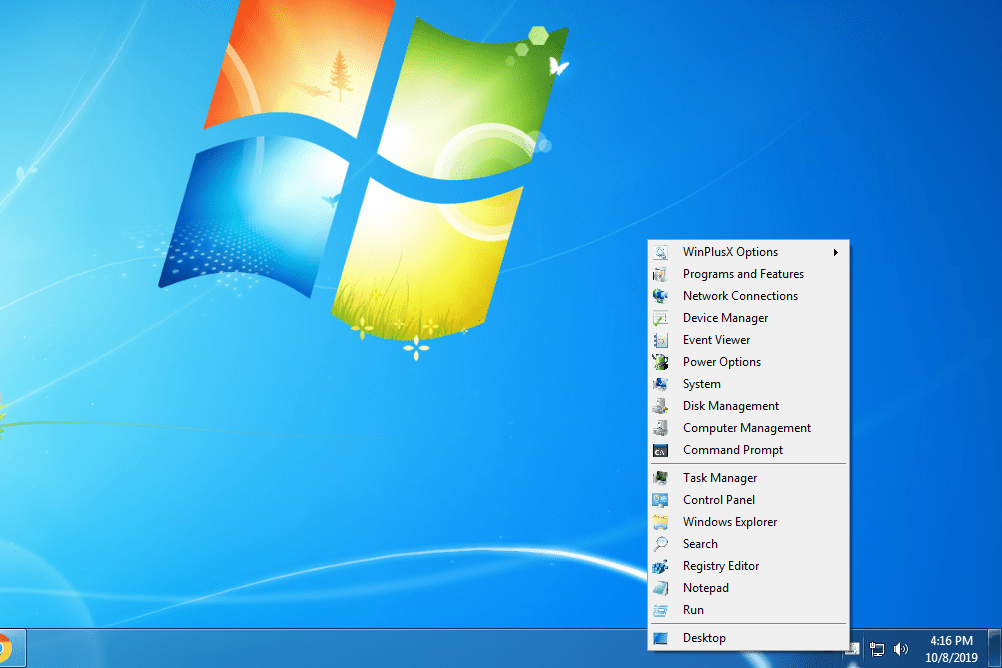 Nabídka WinPlusX ve Windows 7