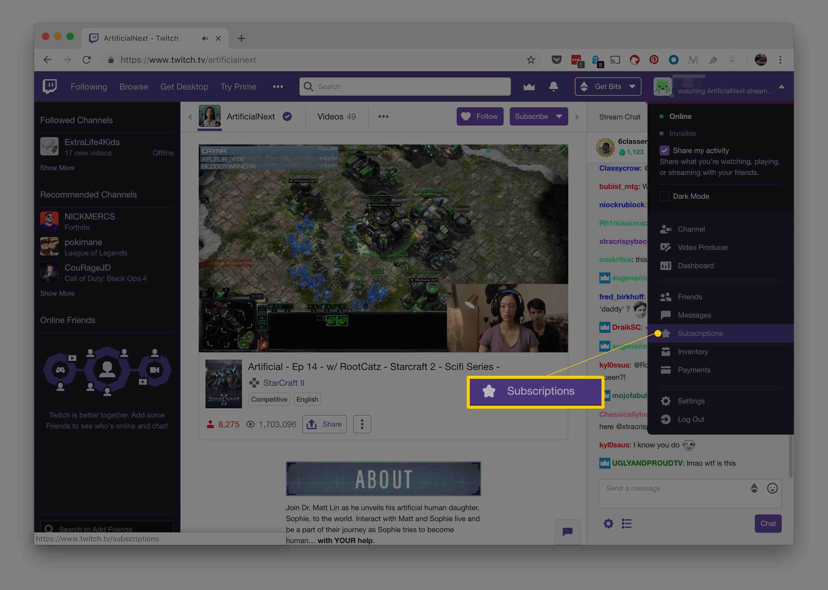 Screenshot nabídky Subscriptions na stránce kanálu Twitch pro ArtificialNext