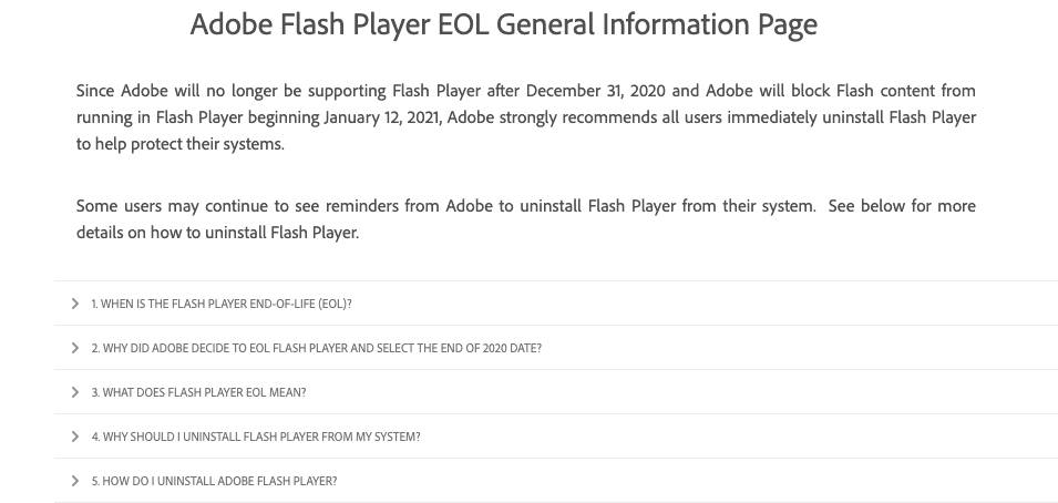 Screenshot stránky a informací o ukončení životnosti aplikace Adobe Flash