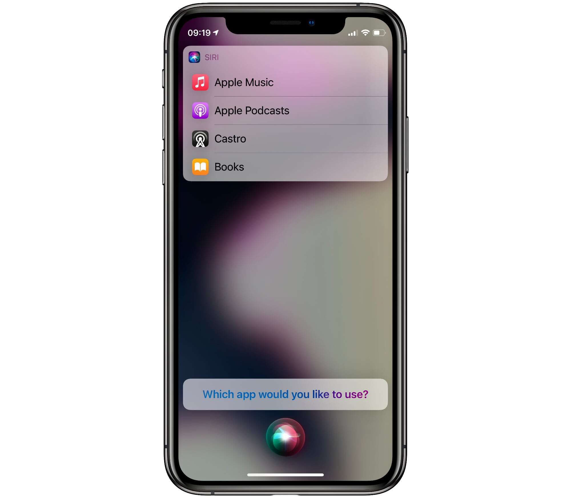 iPhone zobrazující různé možnosti aplikace Siri pro hudbu a zvuk podcastů