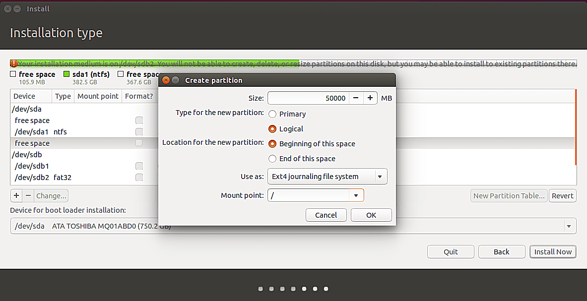 Vytvořte oddíl Ubuntu