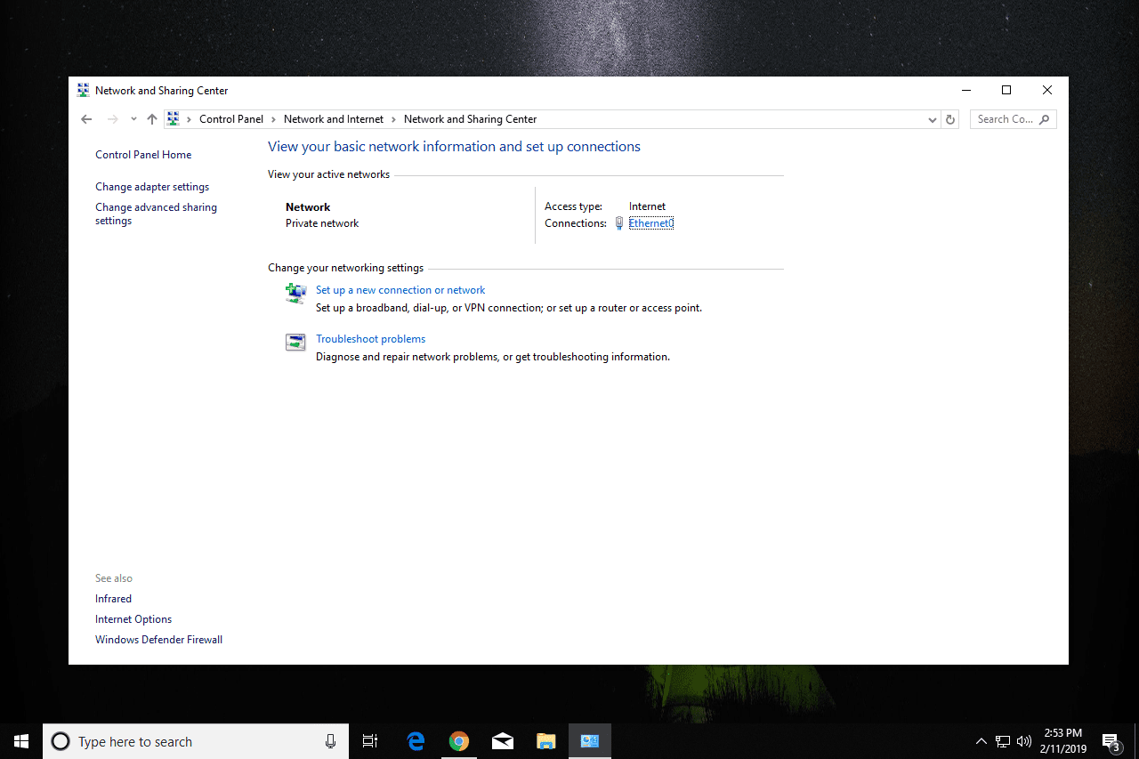 Centrum sítí a sdílení Windows 10