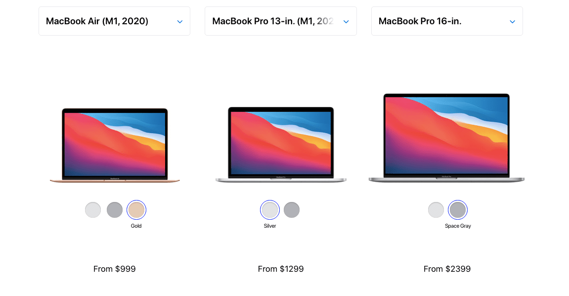 M1 MacBook Air, M1 MacBook Pro a 16palcový MacBook Pro vedle sebe na webu Apple