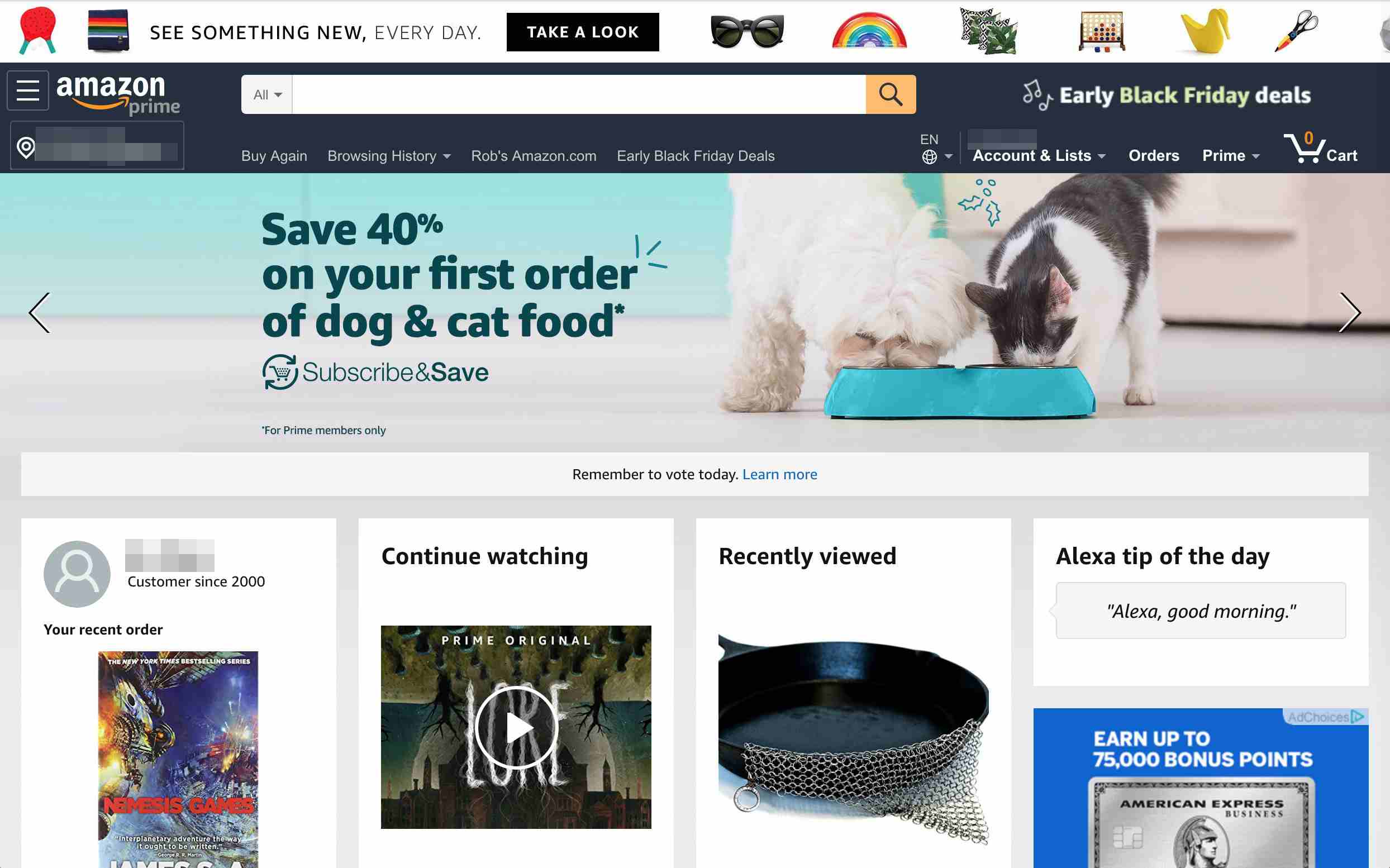Vstupní stránka Amazonu se 40% slevou banner pro psy a kočky v horní části