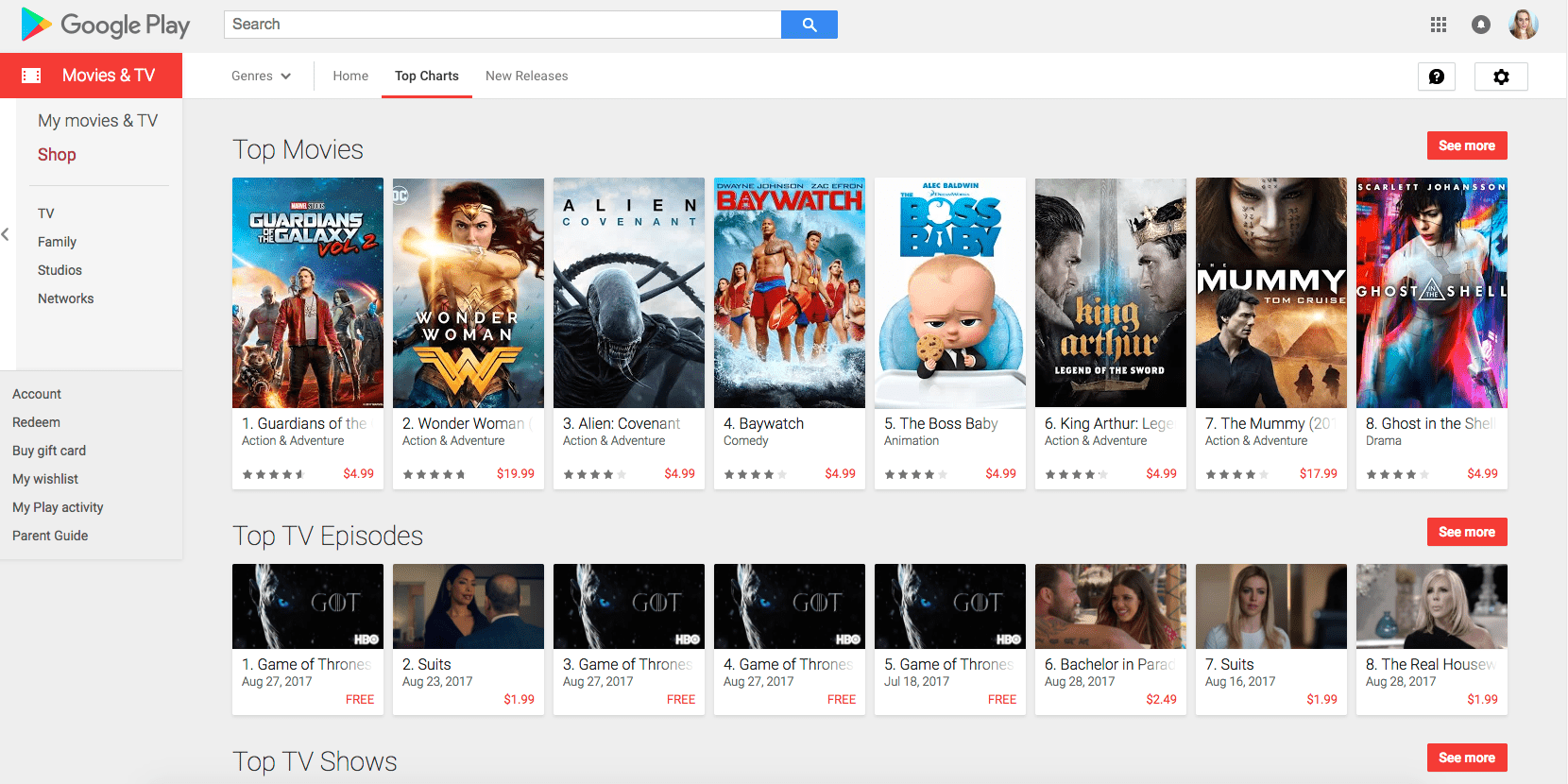 Hlavní rozhraní Google Play pro filmy a televizi