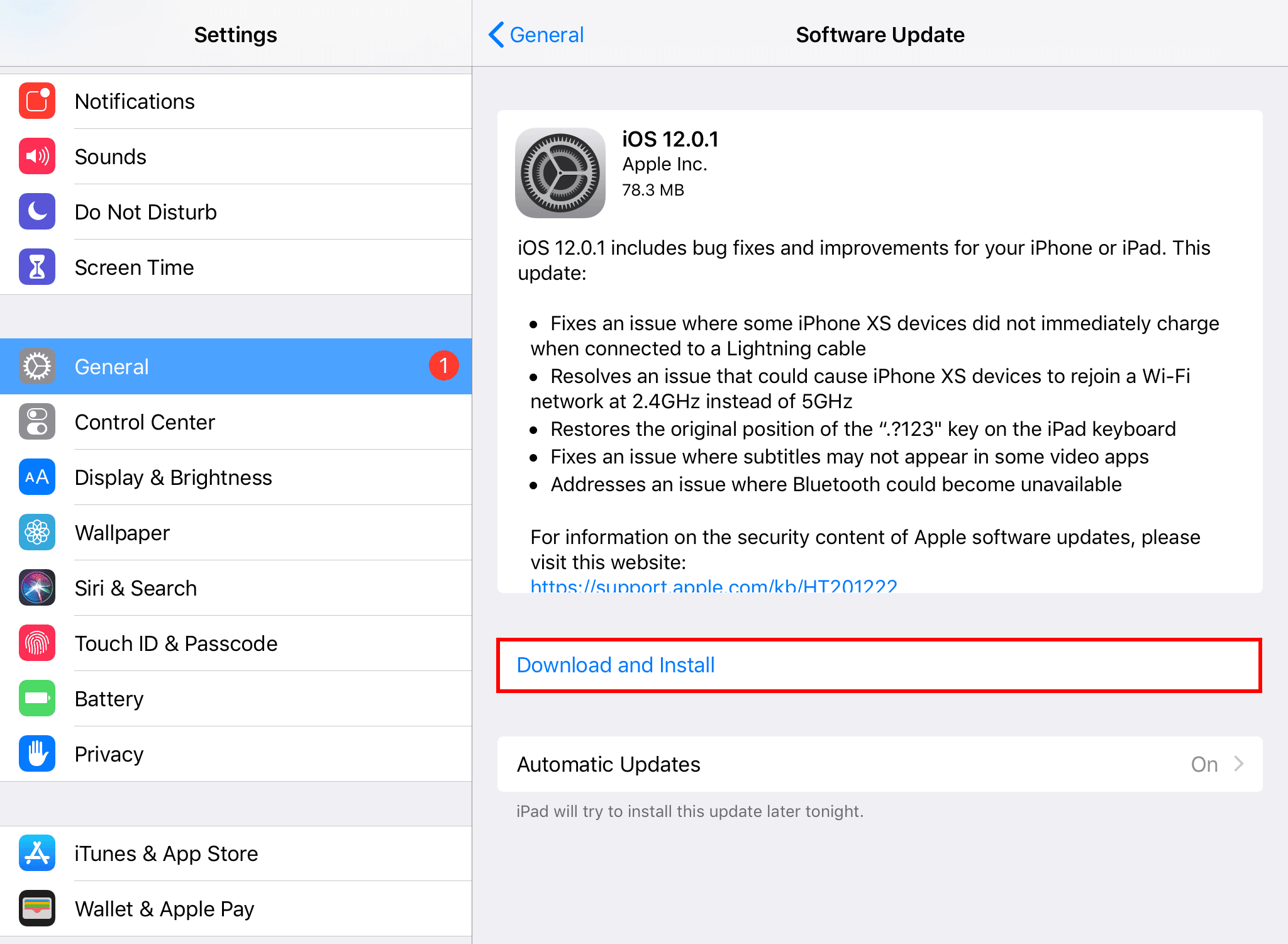 Screenshot z čekající aktualizace softwaru pro iPad