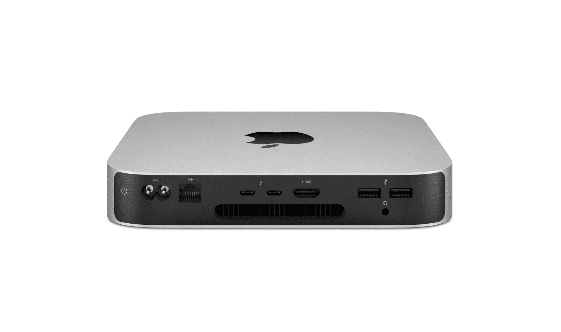 Pohled zezadu na M1 Mac mini ve stříbrné barvě