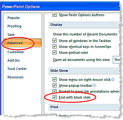 Dialogové okno Možnosti aplikace PowerPoint 2007 - Konec s černým snímkem