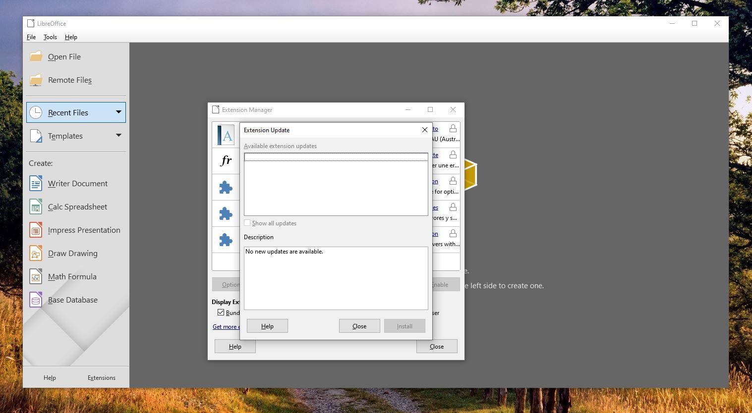 Snímek obrazovky s aktualizacemi rozšíření v LibreOffice
