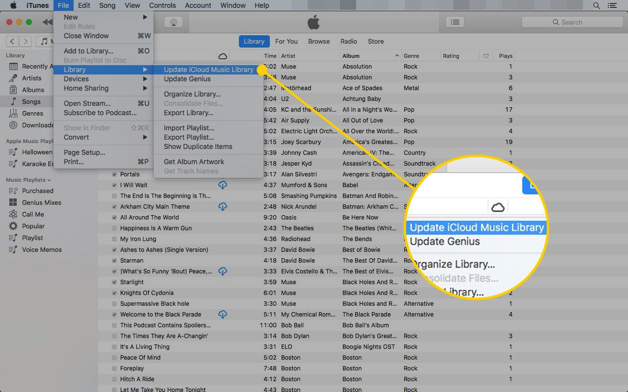 iTunes se zvýrazněnou cestou k aktualizaci hudební knihovny iCloud