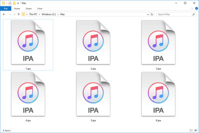 Screenshot několika souborů IPA používaných s iTunes ve Windows 10