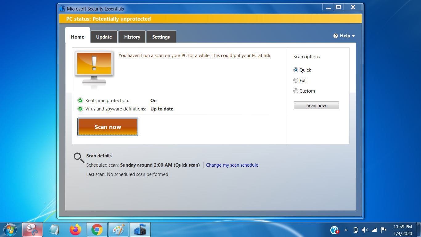 Screenshot z Microsoft Security Essentials