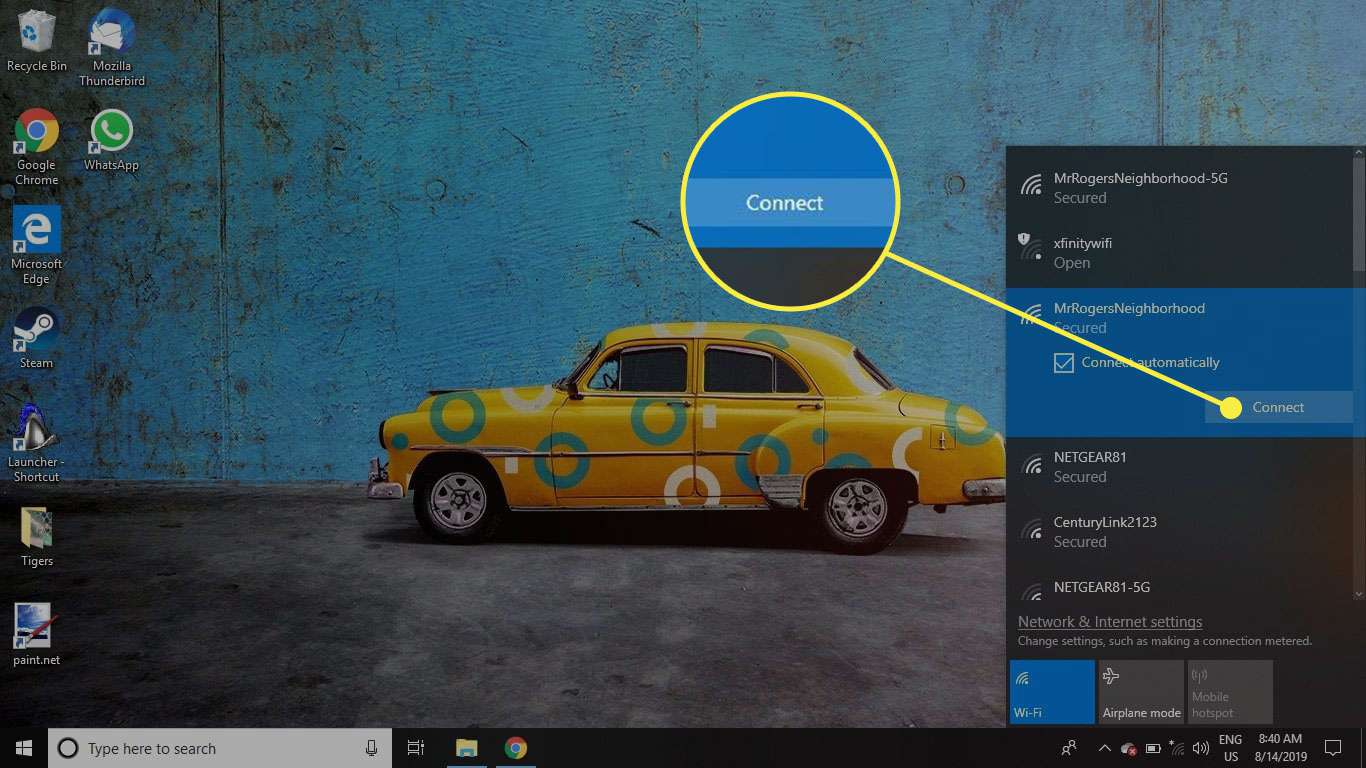 Snímek obrazovky sítě Wi-Fi ve Windows 10 se zvýrazněným tlačítkem Připojit