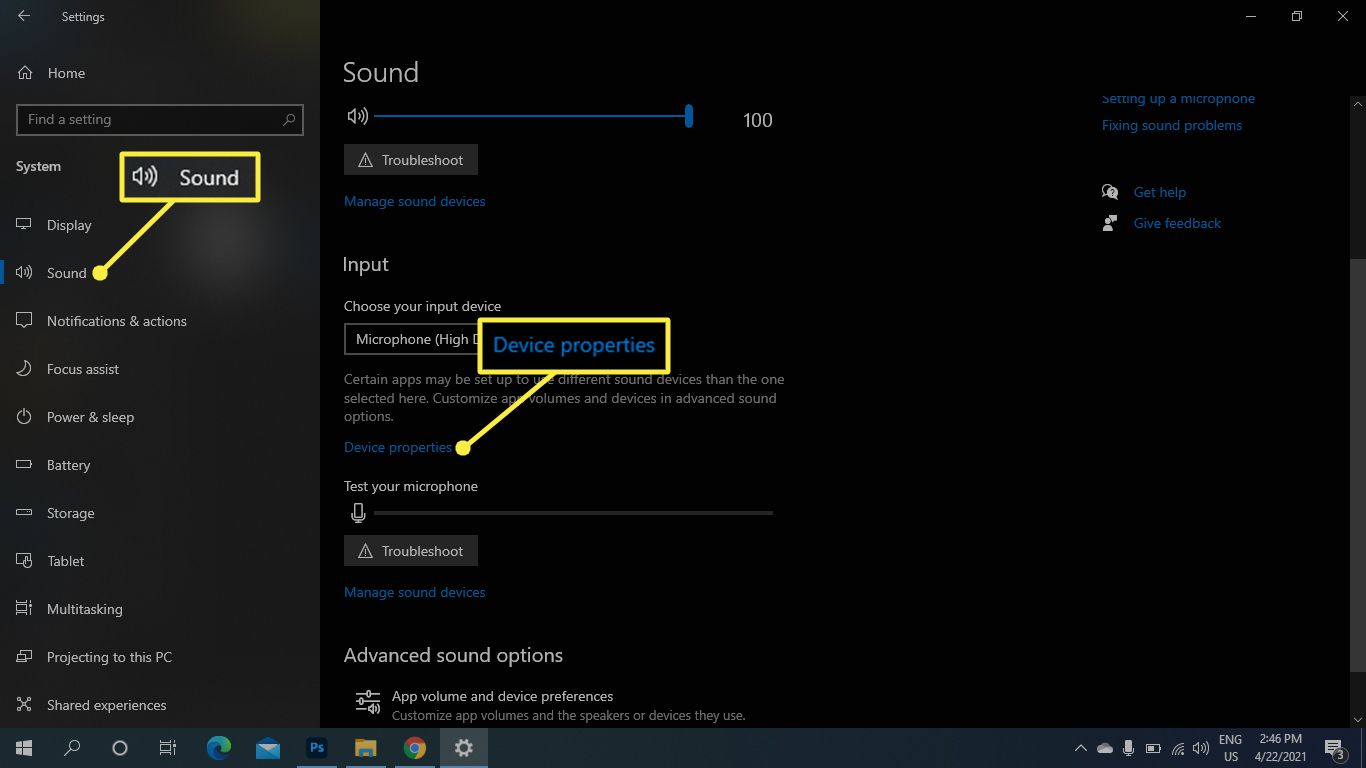 Vlastnosti zvuku a zařízení v nastavení systému Windows