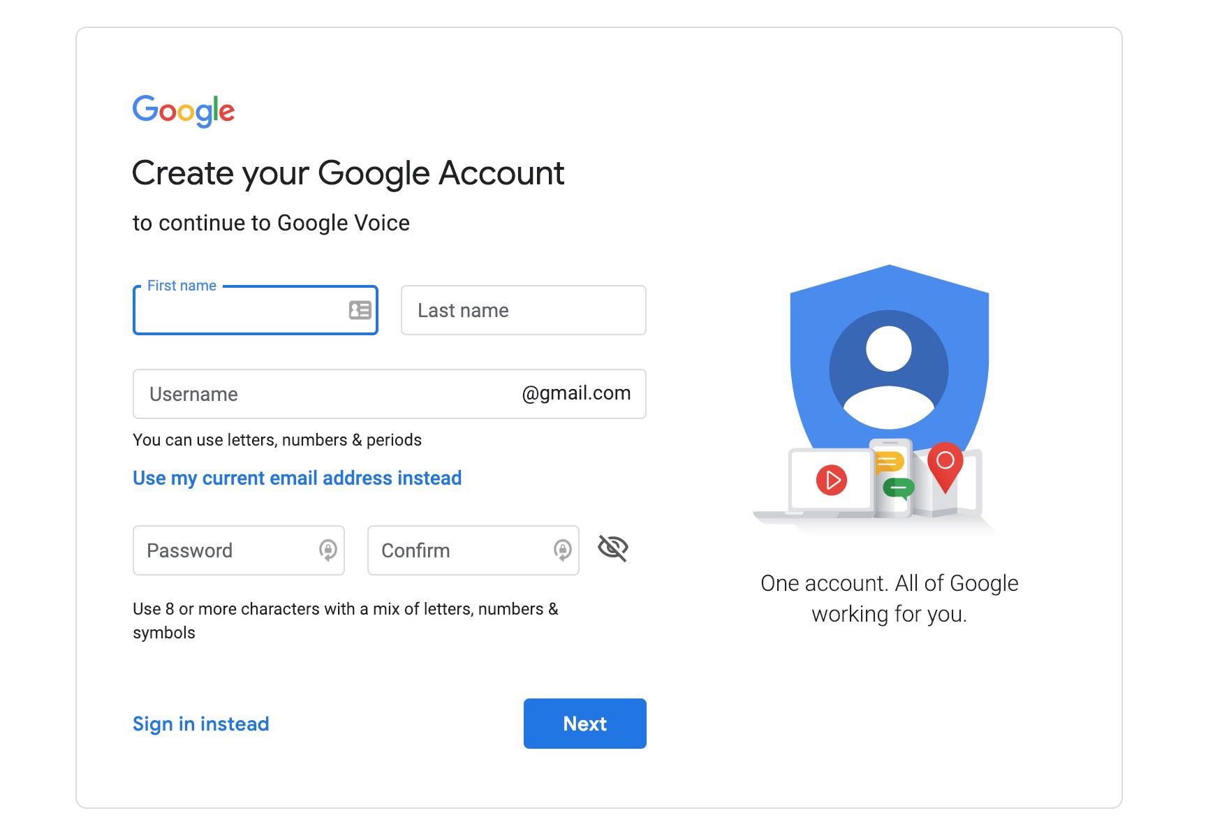 Stránka registrace účtu Google Voice