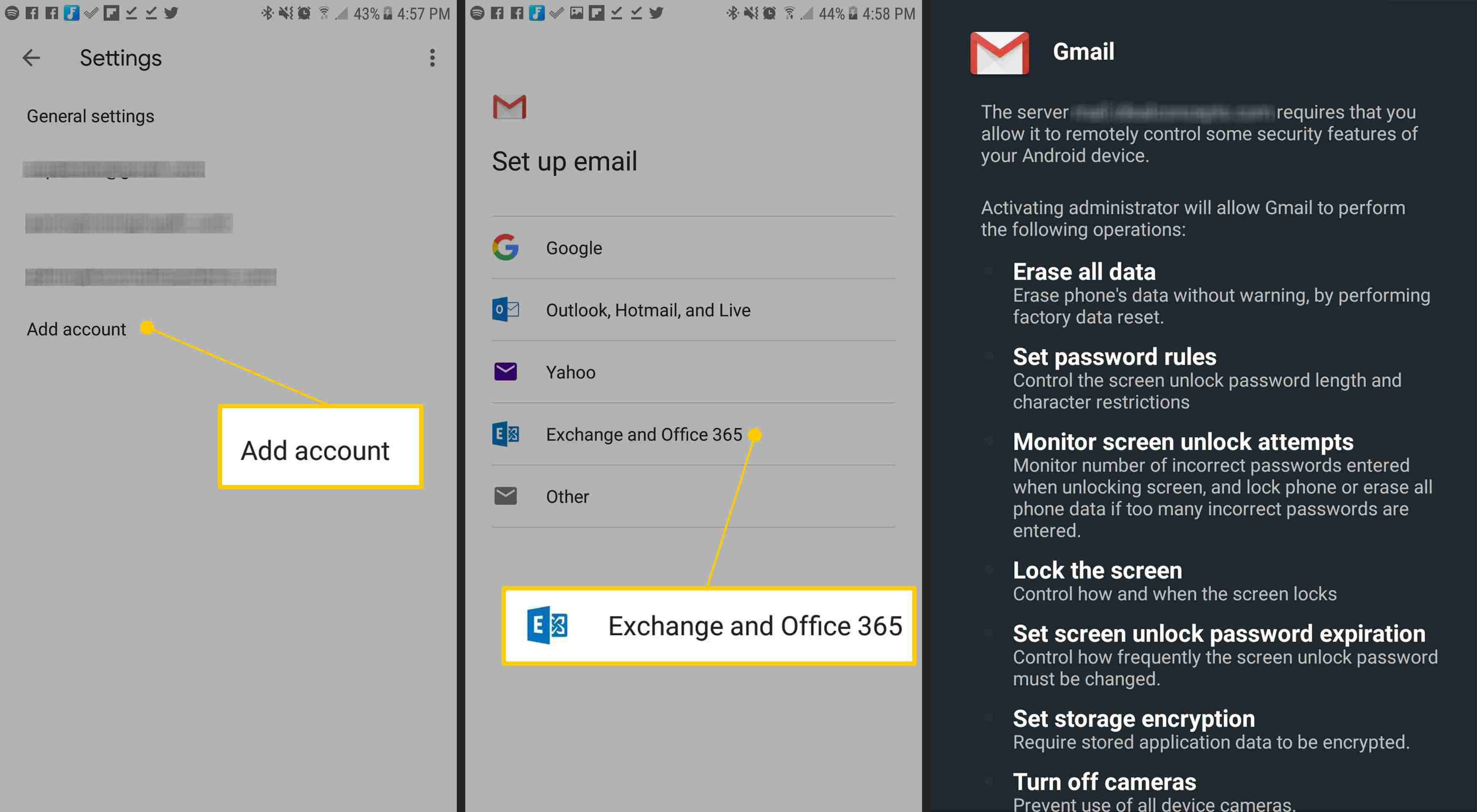 Přidejte obrazovku účtu, Exchange a Office 365, oprávnění v systému Android